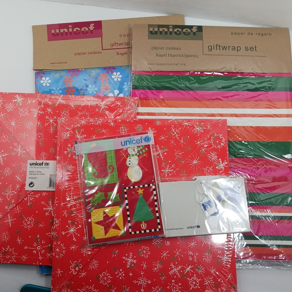 UNICEF Gift Wrap Tissue Paper Gift Tags & Xmas Postcards Bundle NIB